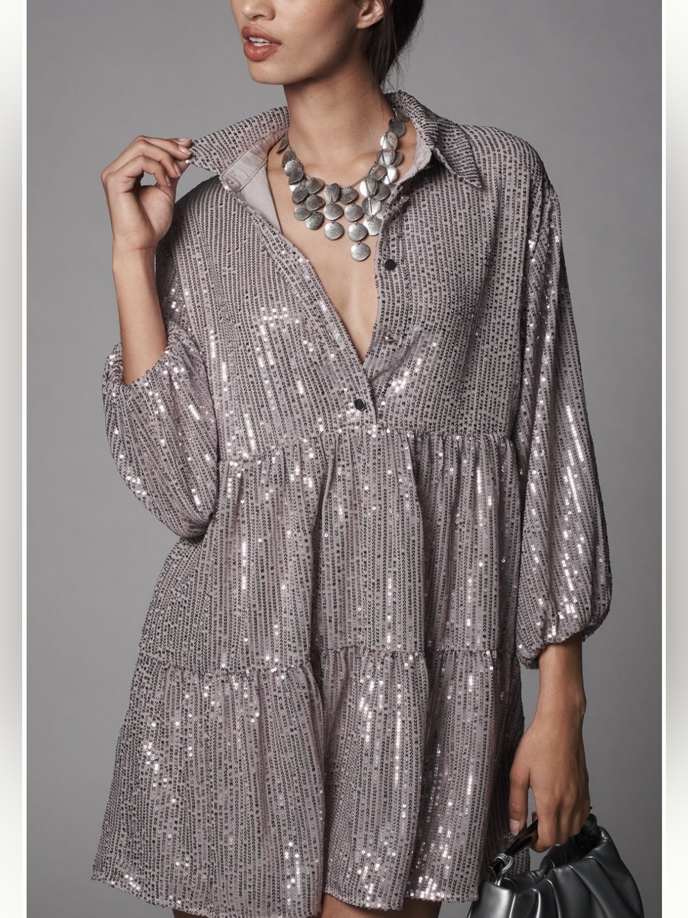 Anthropologie Maeve Bettina Silver Sequin Tiered Shirt Dress EUC Large